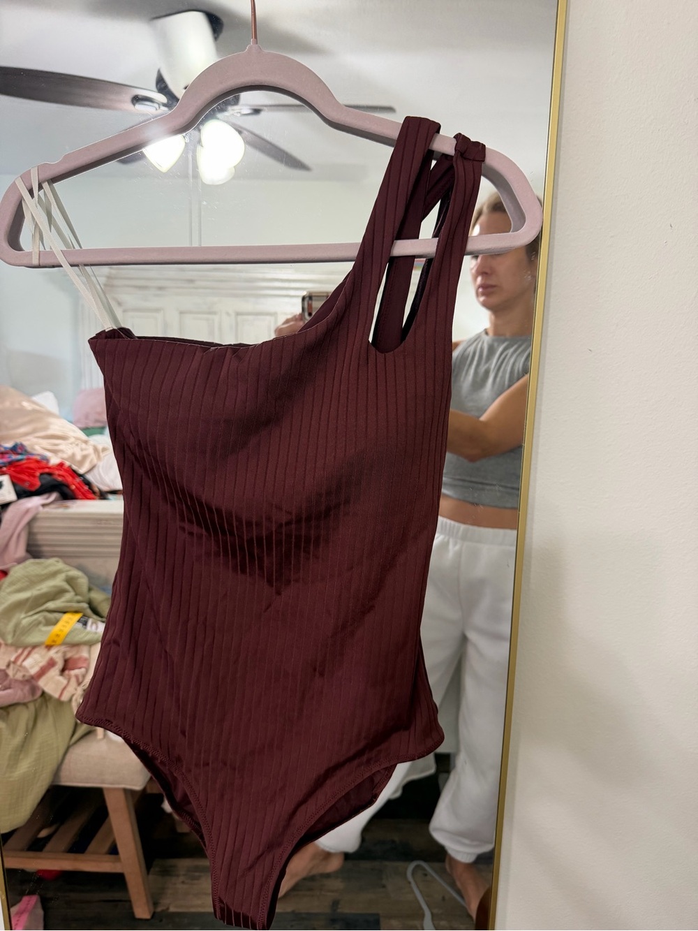 aerie One-Shoulder Ribbed One-Piece Swimsuit — Deep Wine